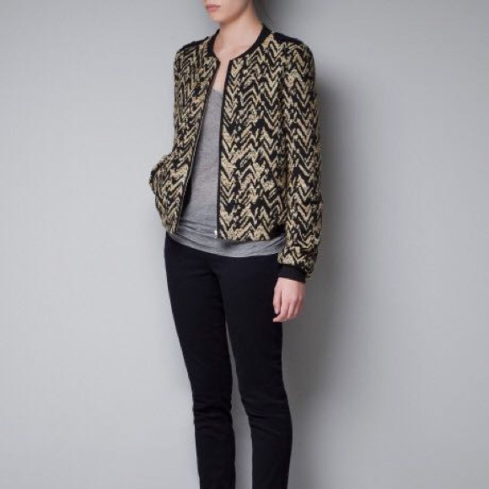 Zara Black and Gold Chevron Bomber Jacket